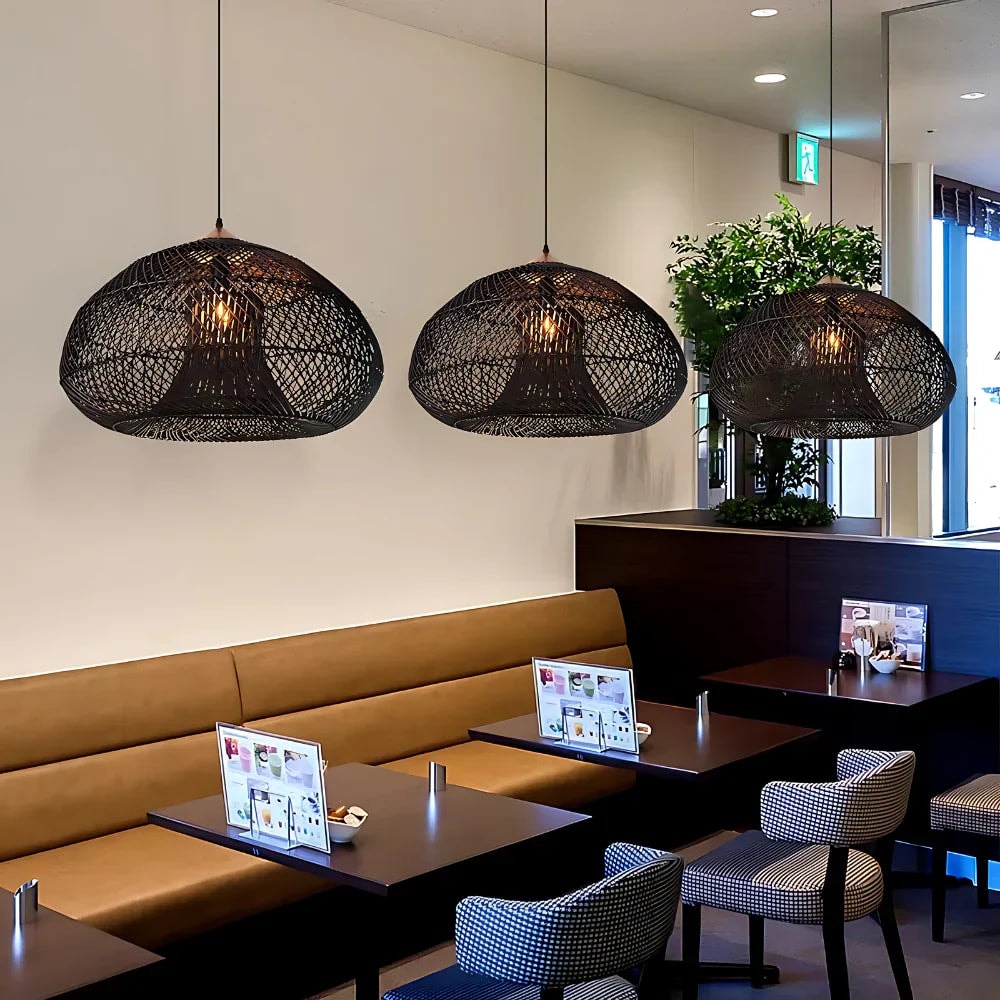 Handwoven Rattan Pendant Light with Woven Dome Shade for Dining Room