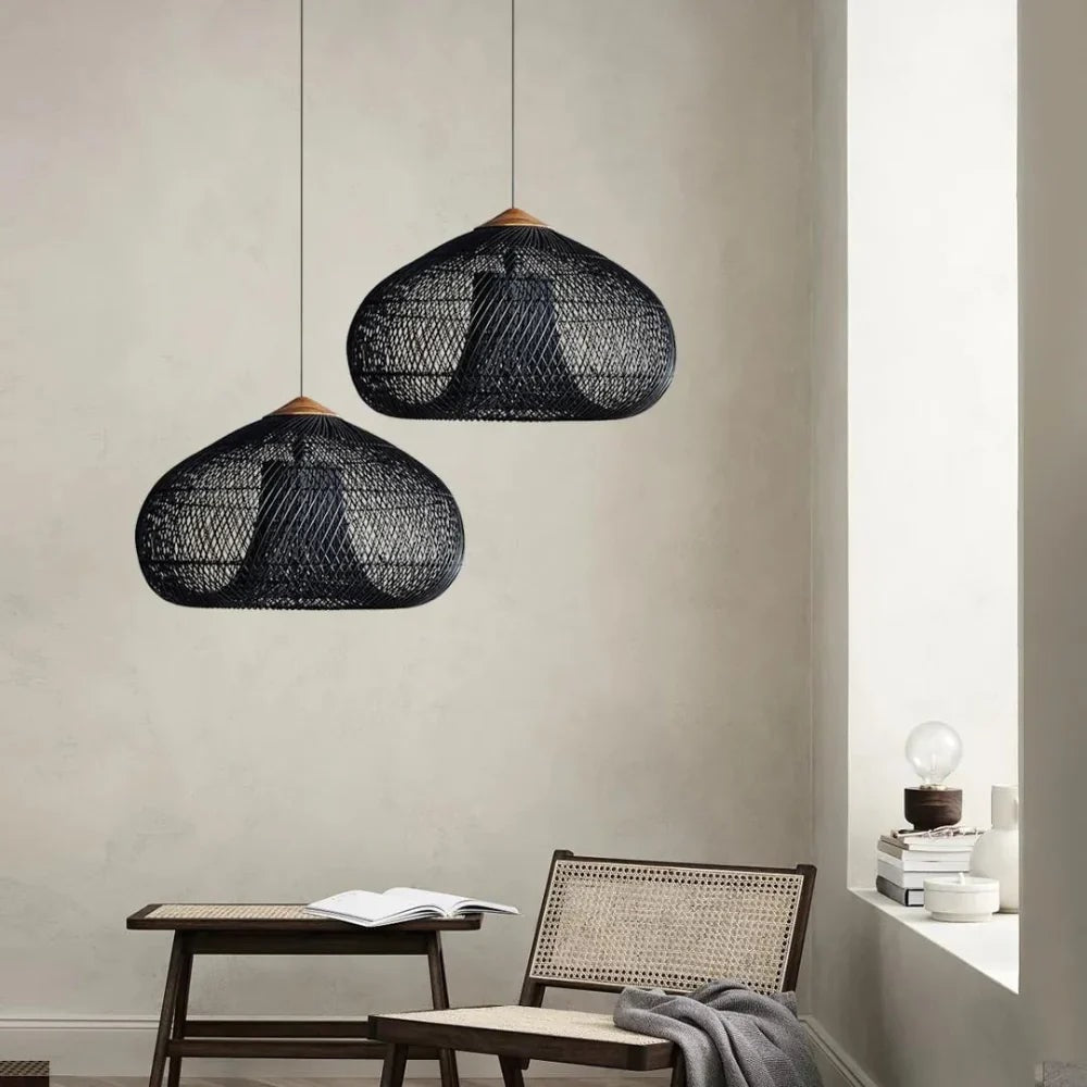 Handwoven Rattan Pendant Light with Woven Dome Shade for Dining Room