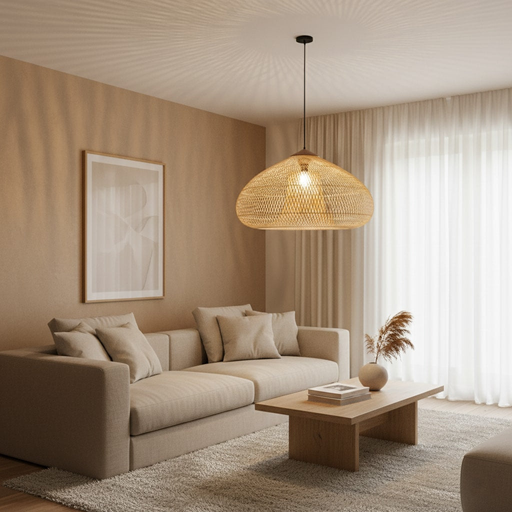 Handwoven Rattan Pendant Light with Woven Dome Shade for Dining Room