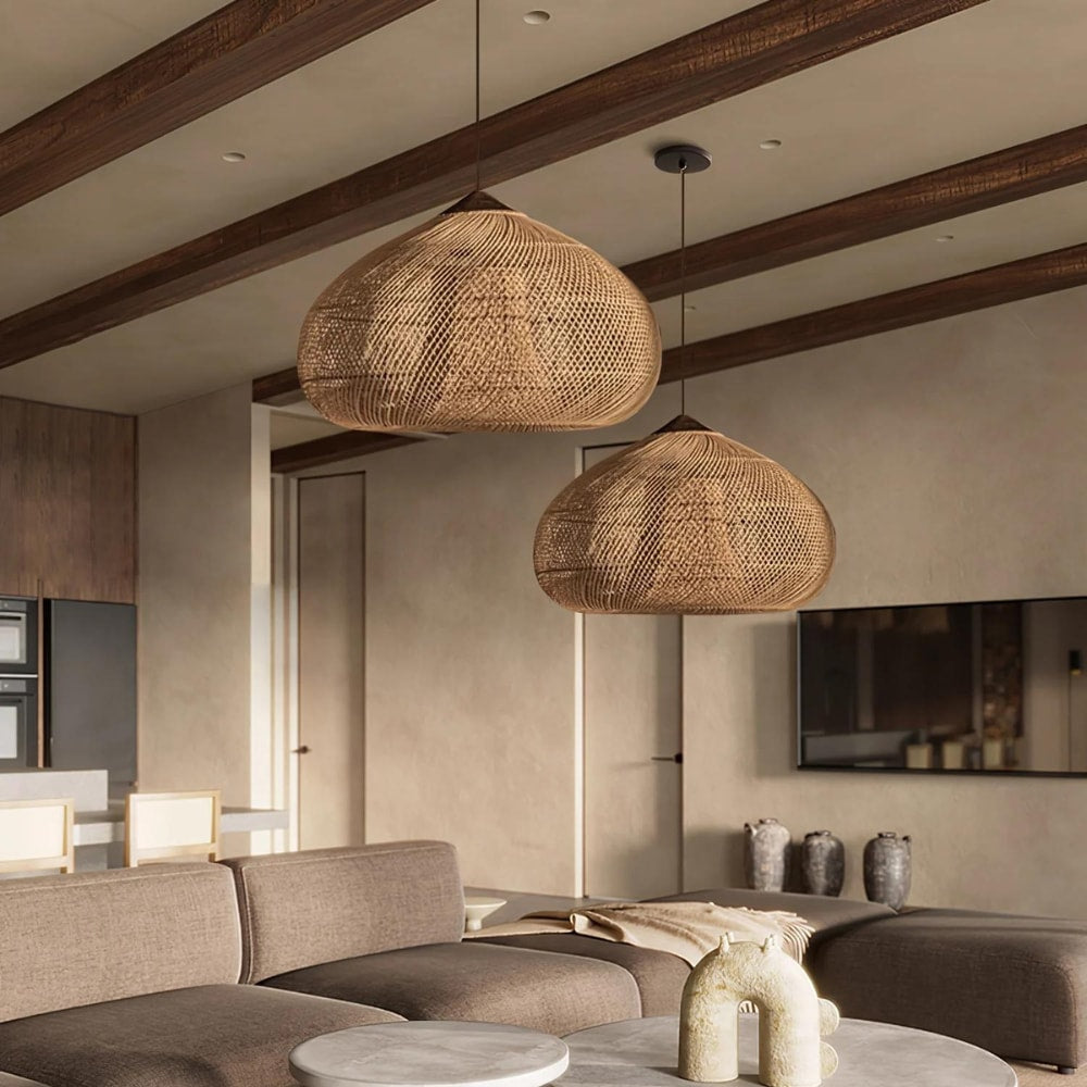 Handwoven Rattan Pendant Light with Woven Dome Shade for Dining Room