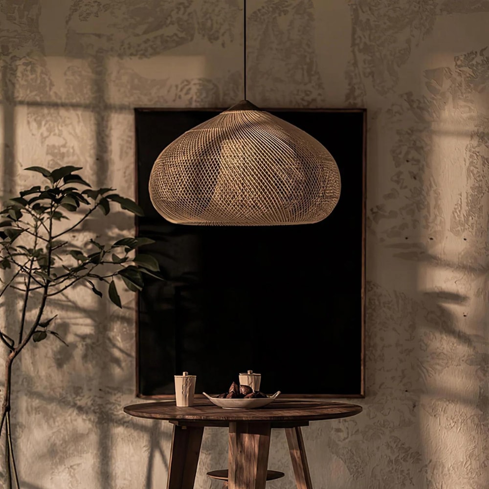 Handwoven Rattan Pendant Light with Woven Dome Shade for Dining Room