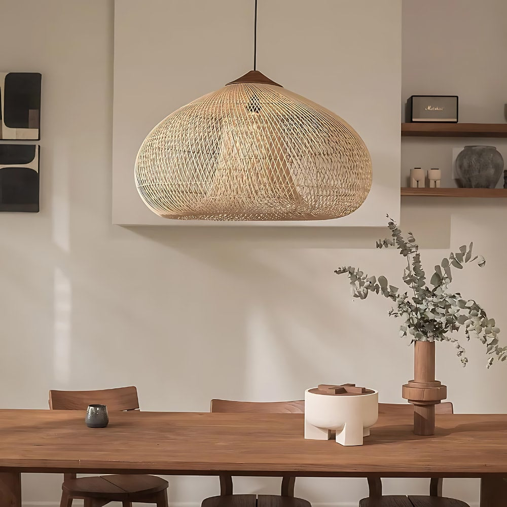 Handwoven Rattan Pendant Light with Woven Dome Shade for Dining Room
