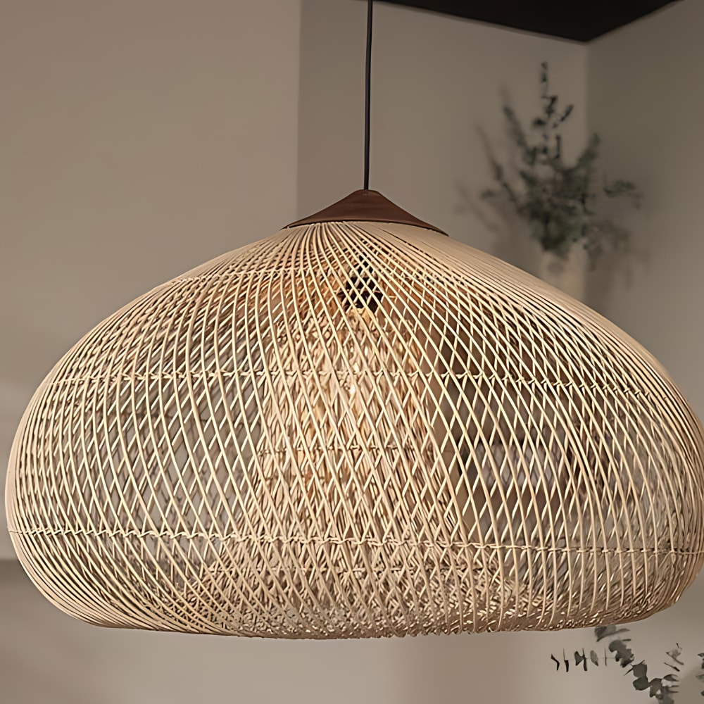 Handwoven Rattan Pendant Light with Woven Dome Shade for Dining Room