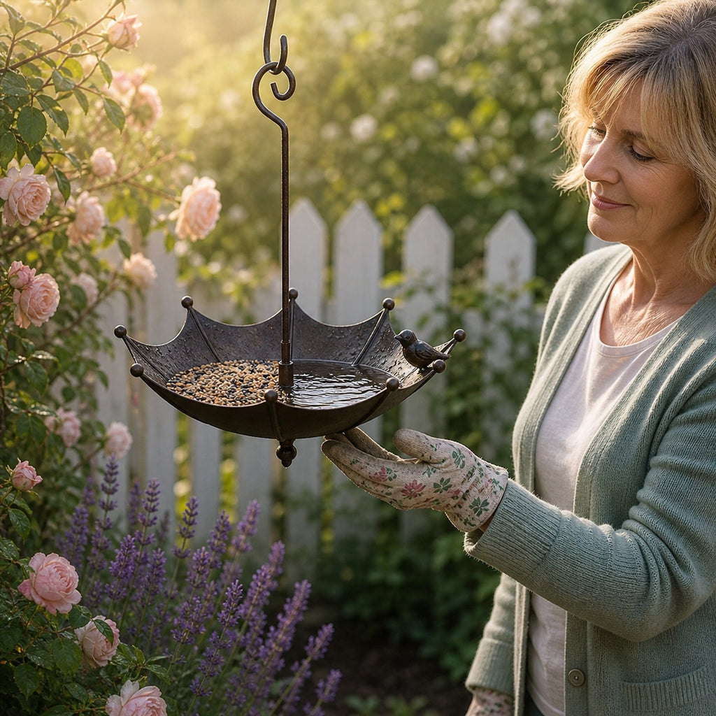 Hanging Umbrella Bird Feeder and Bird Bath with Bronze Finish for Garden