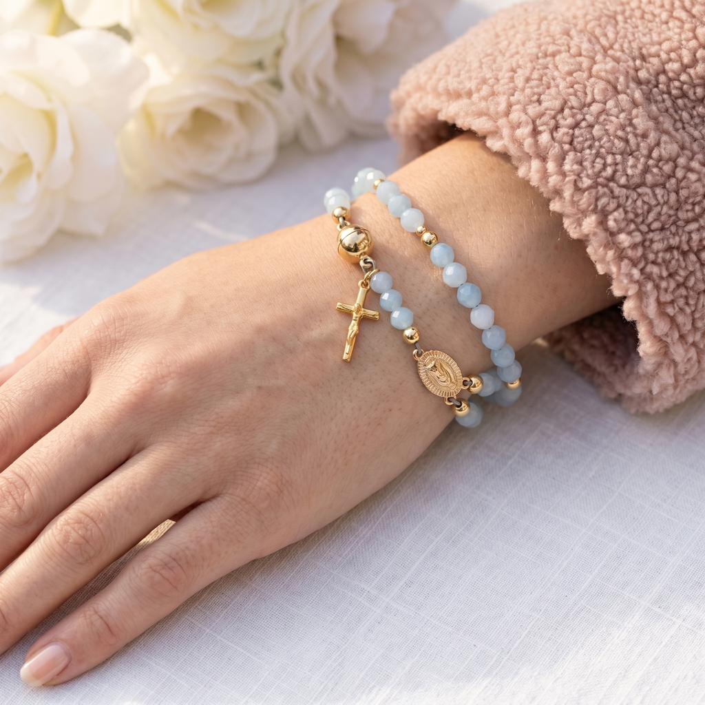 Handmade Beaded Rosary Bracelet with Cross Charm and Magnetic Clasp