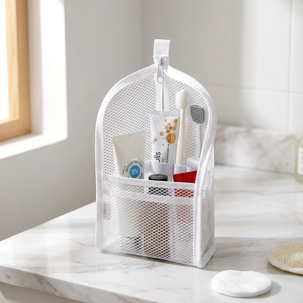 Self Standing Mesh Travel Toiletry Pouch with Dividers and Hanging Loop