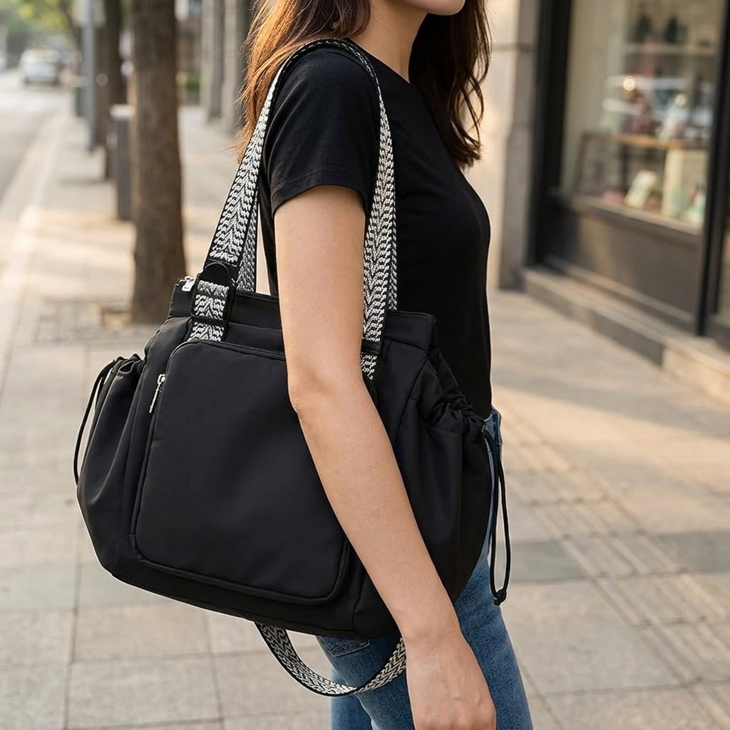 Convertible Nylon Tote Bag with Backpack Straps and Multiple Pockets