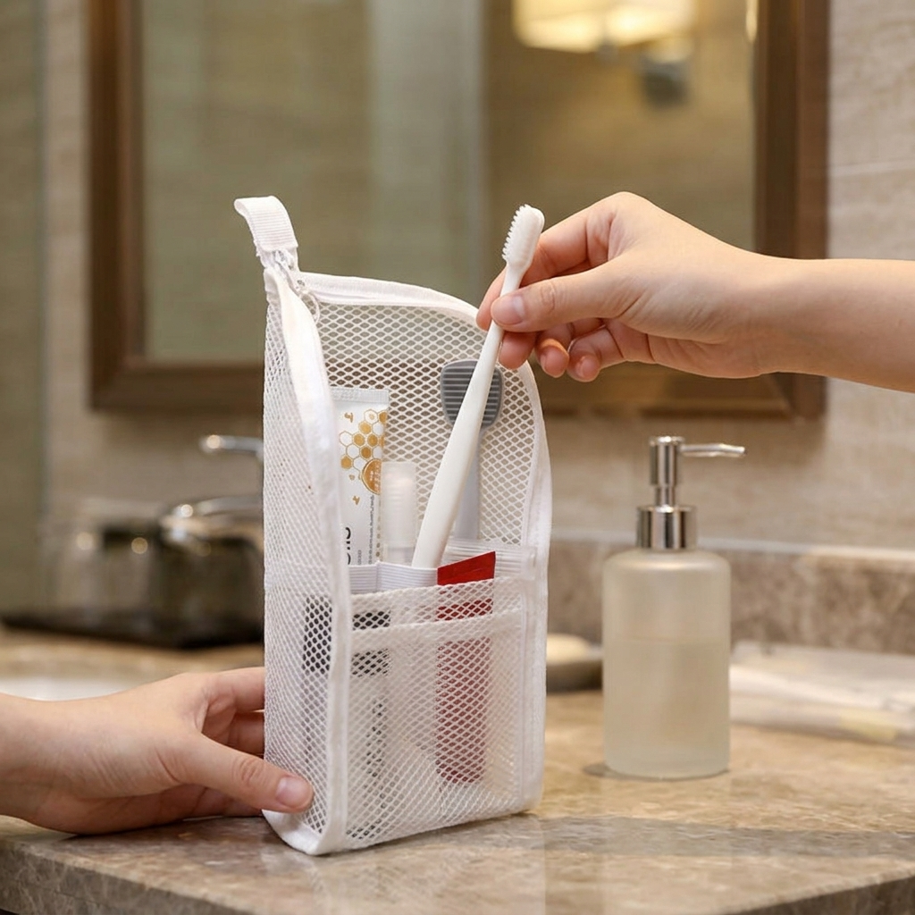 Self Standing Mesh Travel Toiletry Pouch with Dividers and Hanging Loop