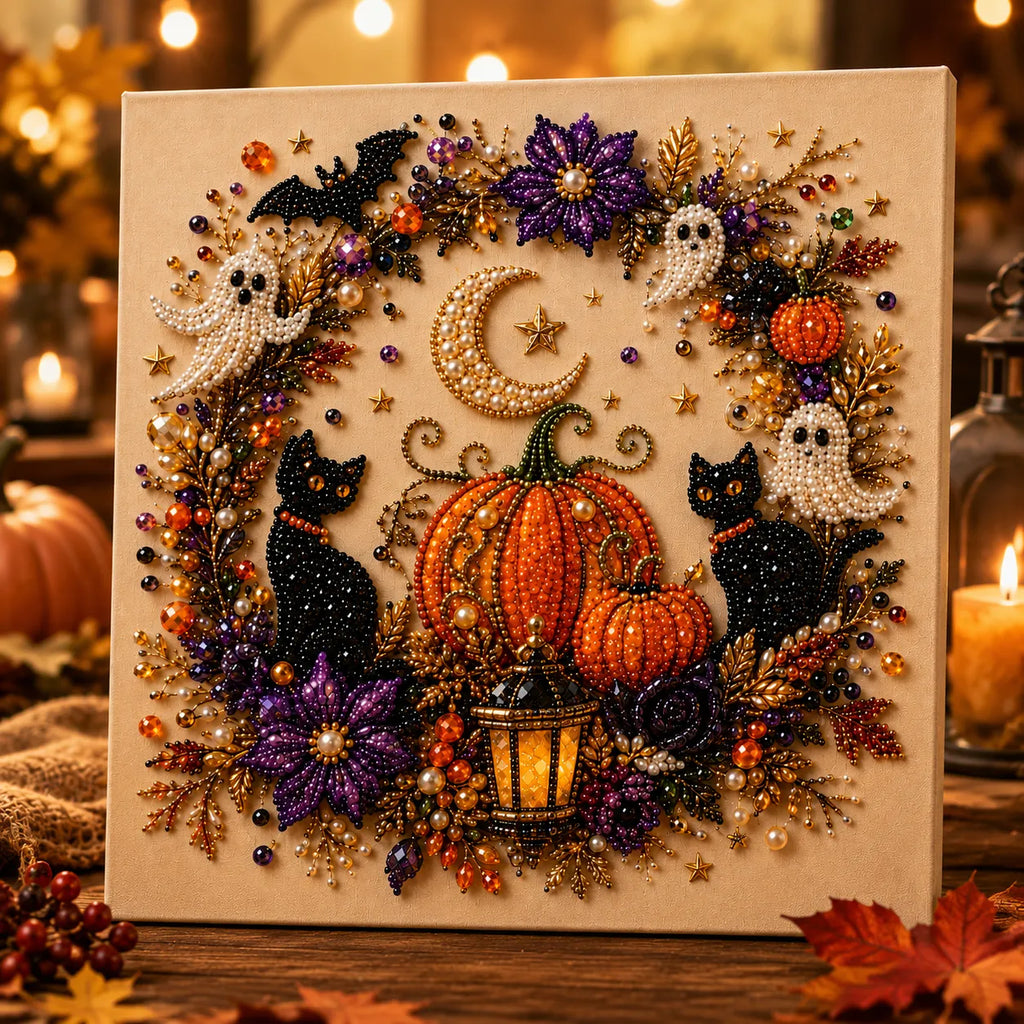 Halloween Pearl Bead Art Craft Kit with Pre-Printed Canvas for Wall Decor