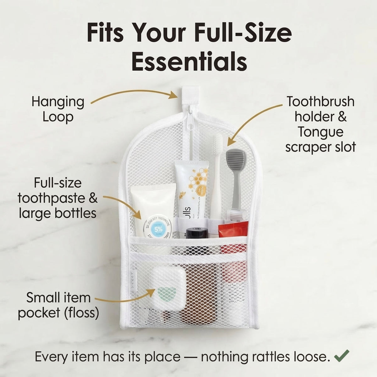 Self Standing Mesh Travel Toiletry Pouch with Dividers and Hanging Loop