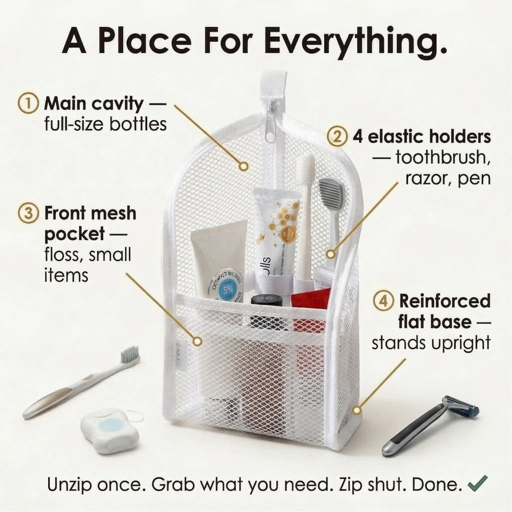Self Standing Mesh Travel Toiletry Pouch with Dividers and Hanging Loop