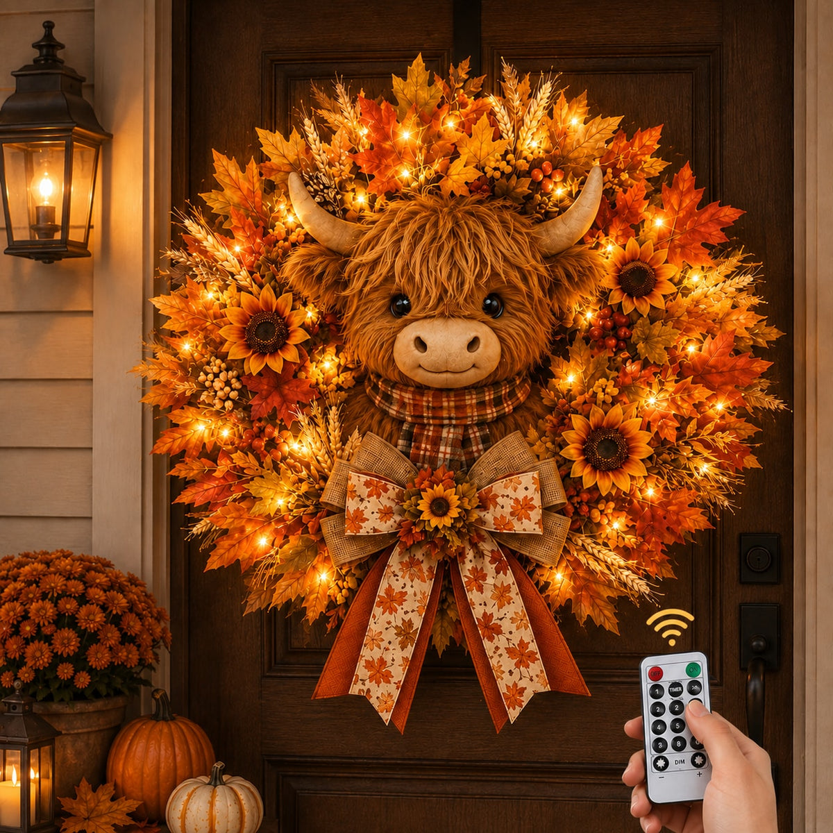 Highland Cow Fall Wreath with Warm LED Lights and Remote for Front Door