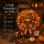 Highland Cow Fall Wreath with Warm LED Lights and Remote for Front Door