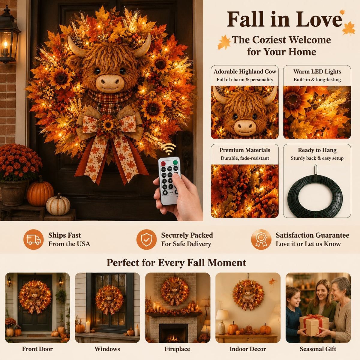 Highland Cow Fall Wreath with Warm LED Lights and Remote for Front Door