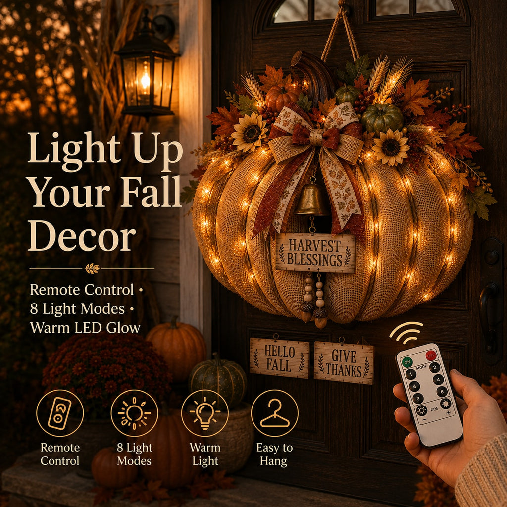 Highland Cow Fall Wreath with Warm LED Lights and Remote for Front Door