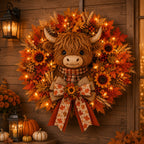 Highland Cow Fall Wreath with Warm LED Lights and Remote for Front Door