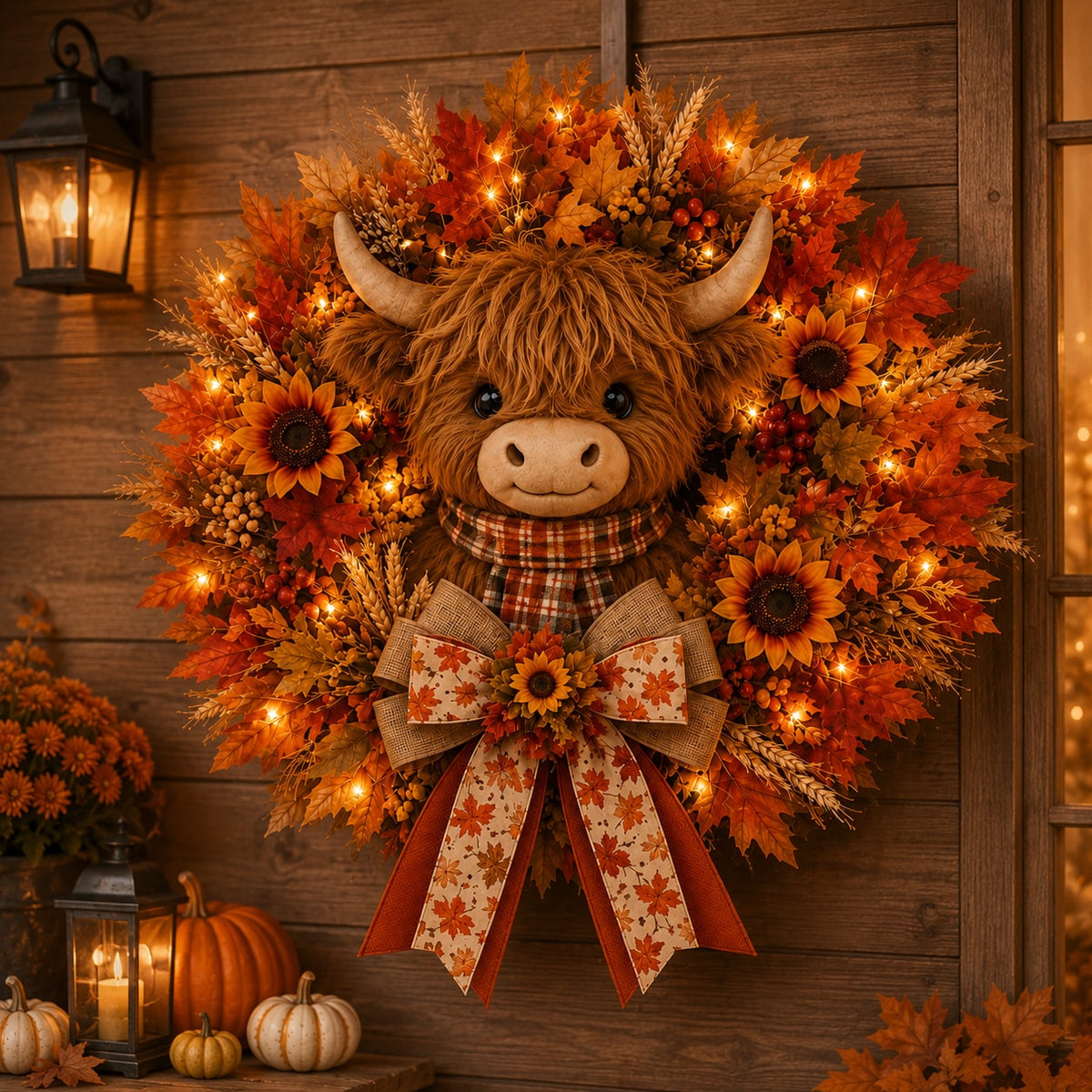 Highland Cow Fall Wreath with Warm LED Lights and Remote for Front Door