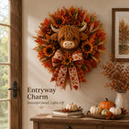 Highland Cow Fall Wreath with Warm LED Lights and Remote for Front Door