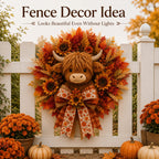 Highland Cow Fall Wreath with Warm LED Lights and Remote for Front Door