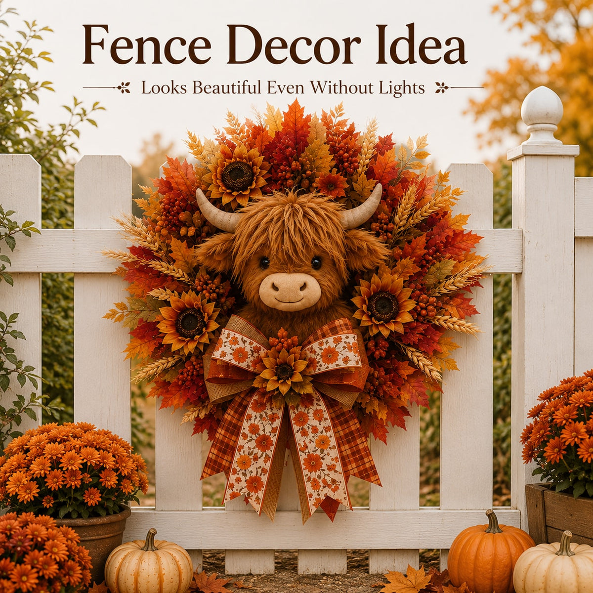 Highland Cow Fall Wreath with Warm LED Lights and Remote for Front Door