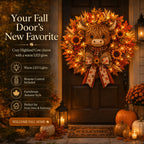 Highland Cow Fall Wreath with Warm LED Lights and Remote for Front Door