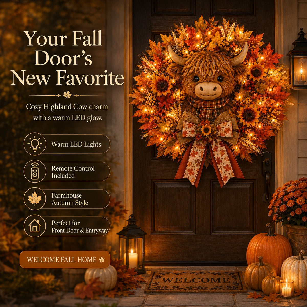 Highland Cow Fall Wreath with Warm LED Lights and Remote for Front Door