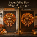 Highland Cow Fall Wreath with Warm LED Lights and Remote for Front Door