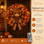 Highland Cow Fall Wreath with Warm LED Lights and Remote for Front Door