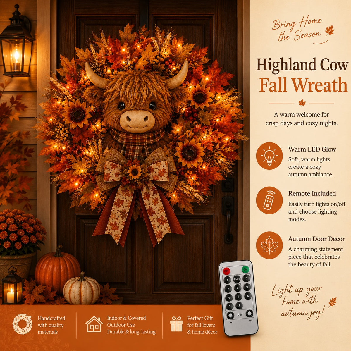 Highland Cow Fall Wreath with Warm LED Lights and Remote for Front Door