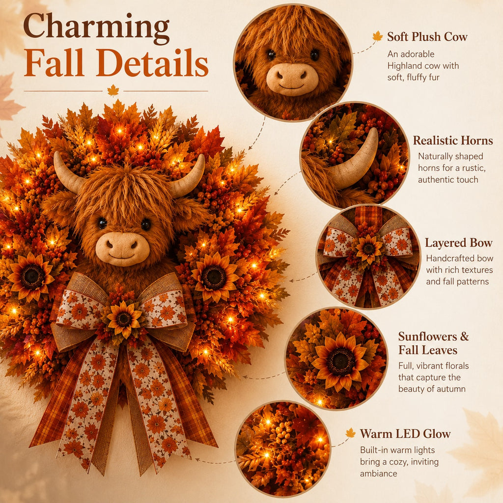 Highland Cow Fall Wreath with Warm LED Lights and Remote for Front Door