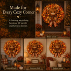 Highland Cow Fall Wreath with Warm LED Lights and Remote for Front Door