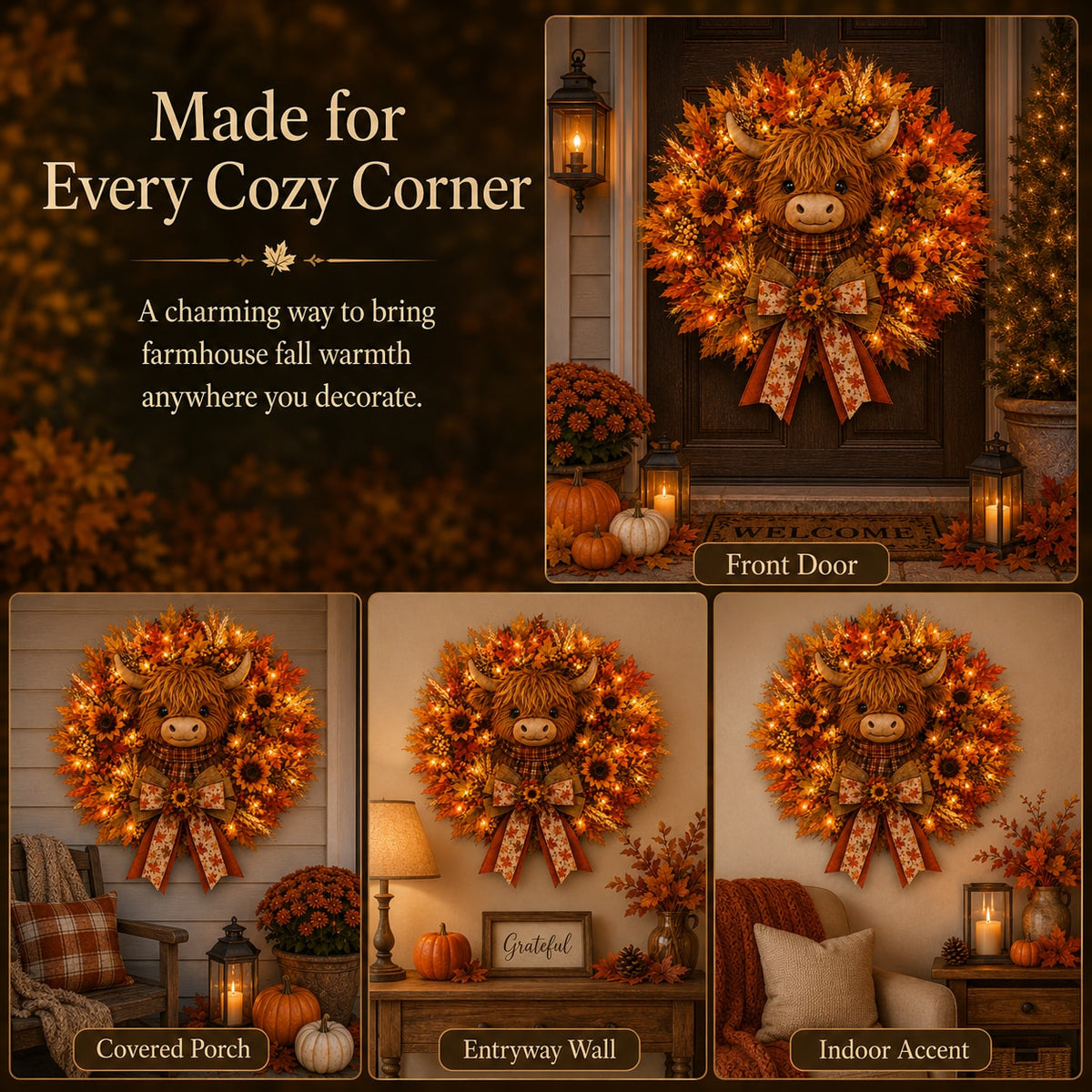 Highland Cow Fall Wreath with Warm LED Lights and Remote for Front Door