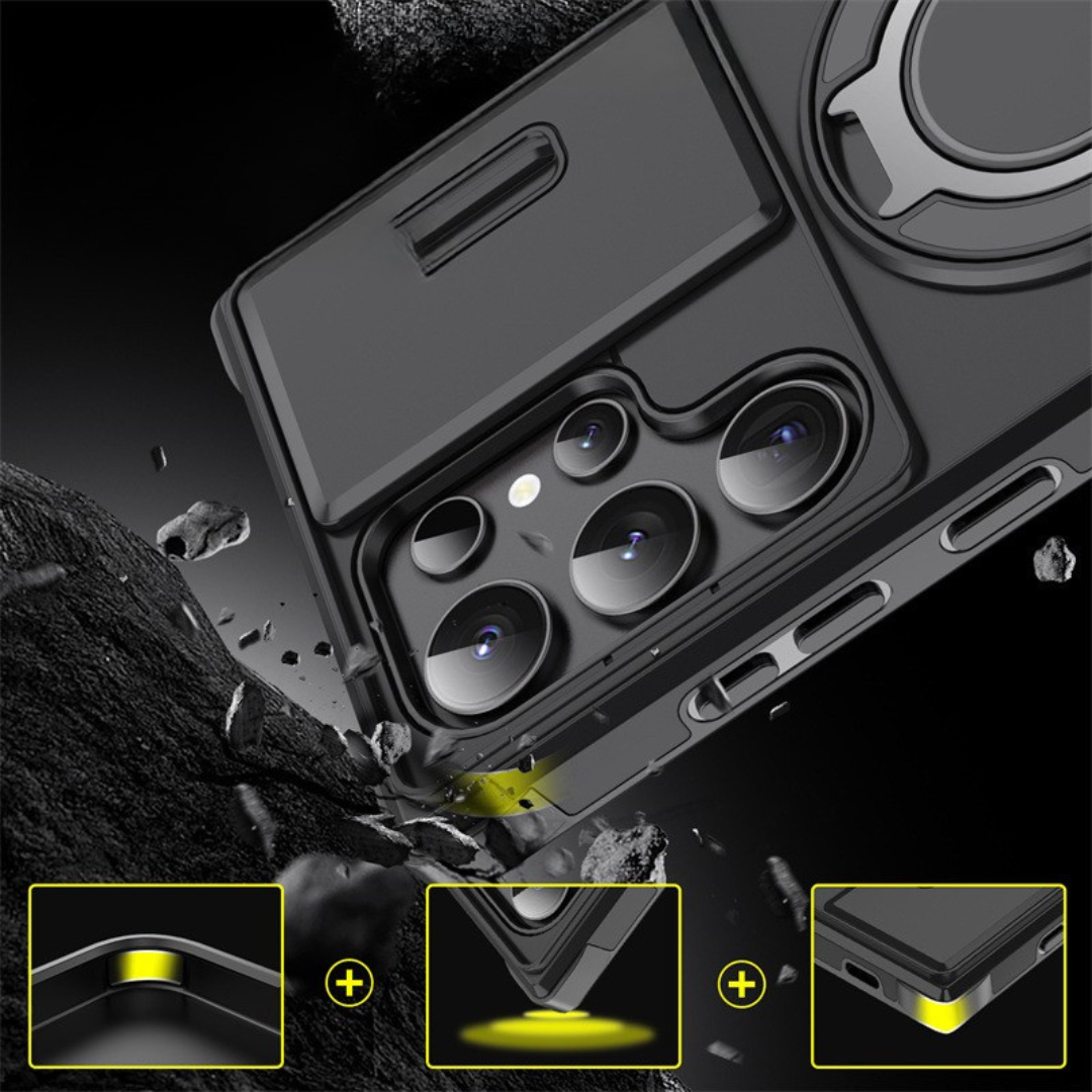 Samsung Galaxy S Series Case with Magnetic Ring Stand and Sliding Camera Cover Shockproof MagSafe Compatible Protective Phone Case