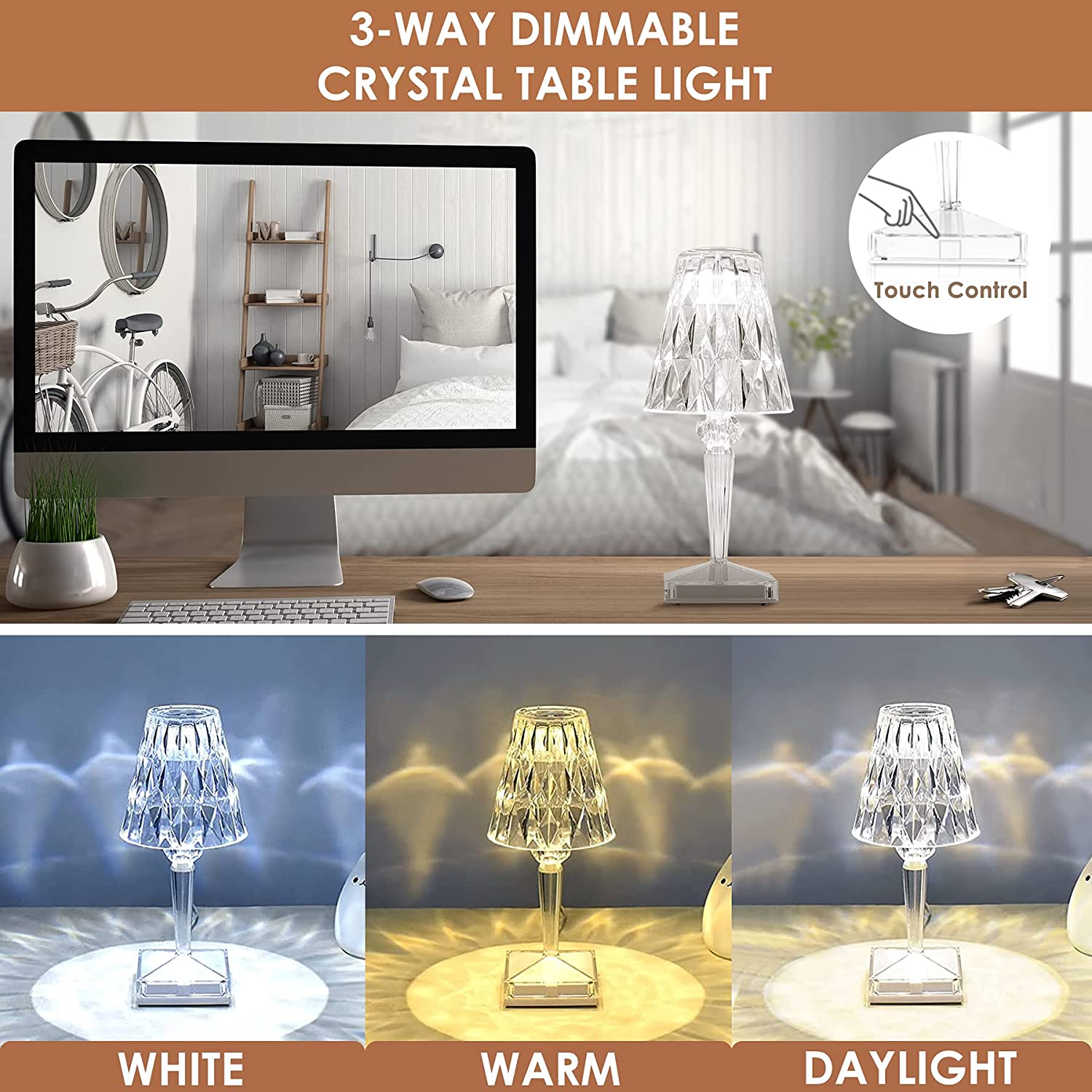 Rechargeable Crystal Diamond Table Lamp with Touch Dimming