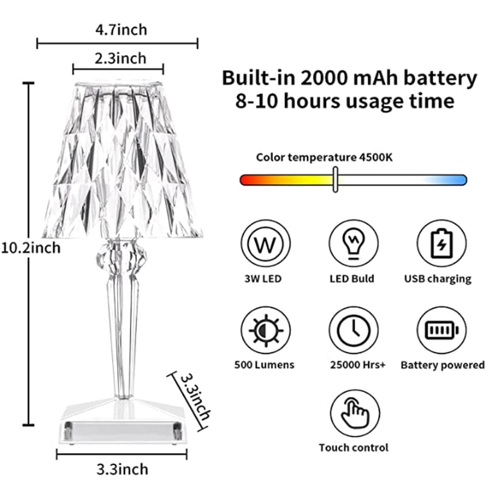 Rechargeable Crystal Diamond Table Lamp with Touch Dimming