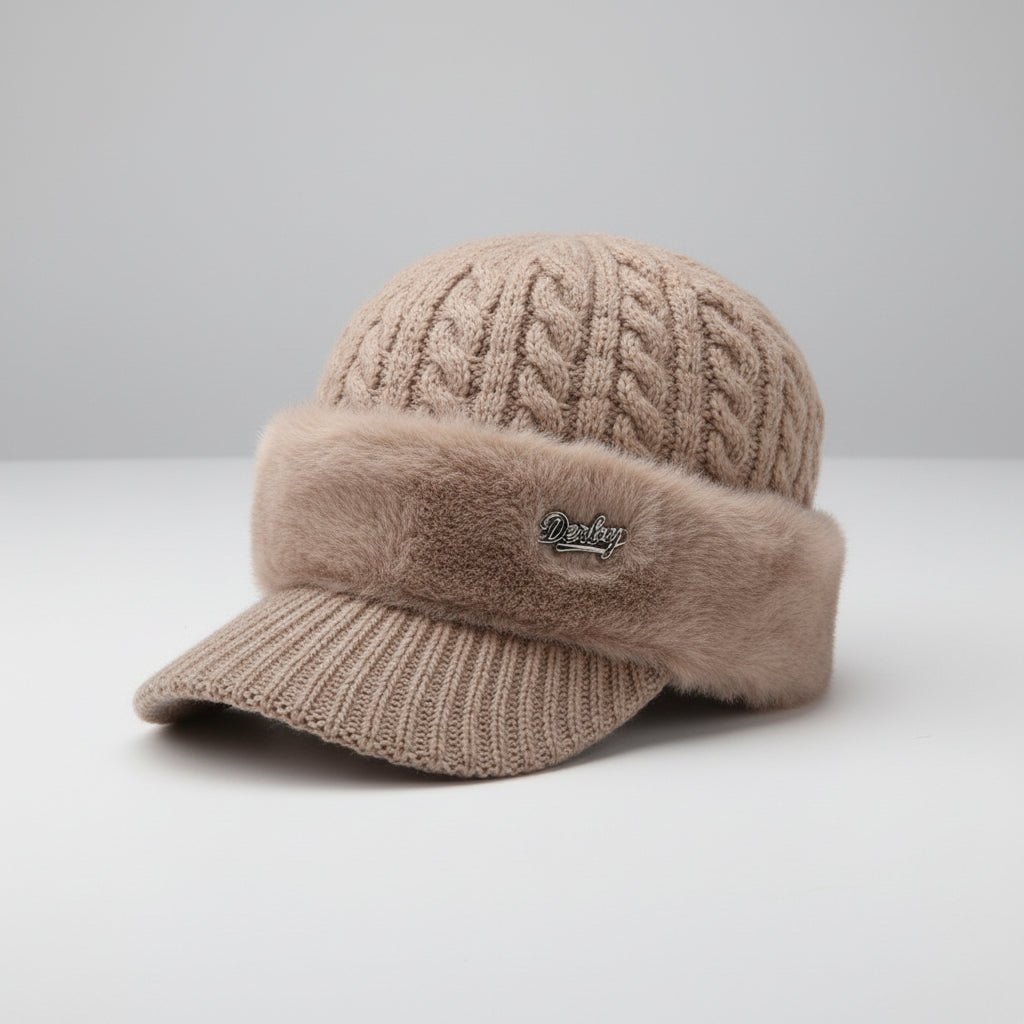 Winter Trapper Hat Knit Cap with Ear Flaps Windproof Faux Fur Lined Warm Cold Weather Hat with Visor for Men and Women