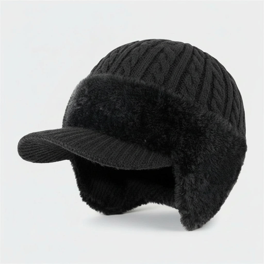 Winter Trapper Hat Knit Cap with Ear Flaps Windproof Faux Fur Lined Warm Cold Weather Hat with Visor for Men and Women
