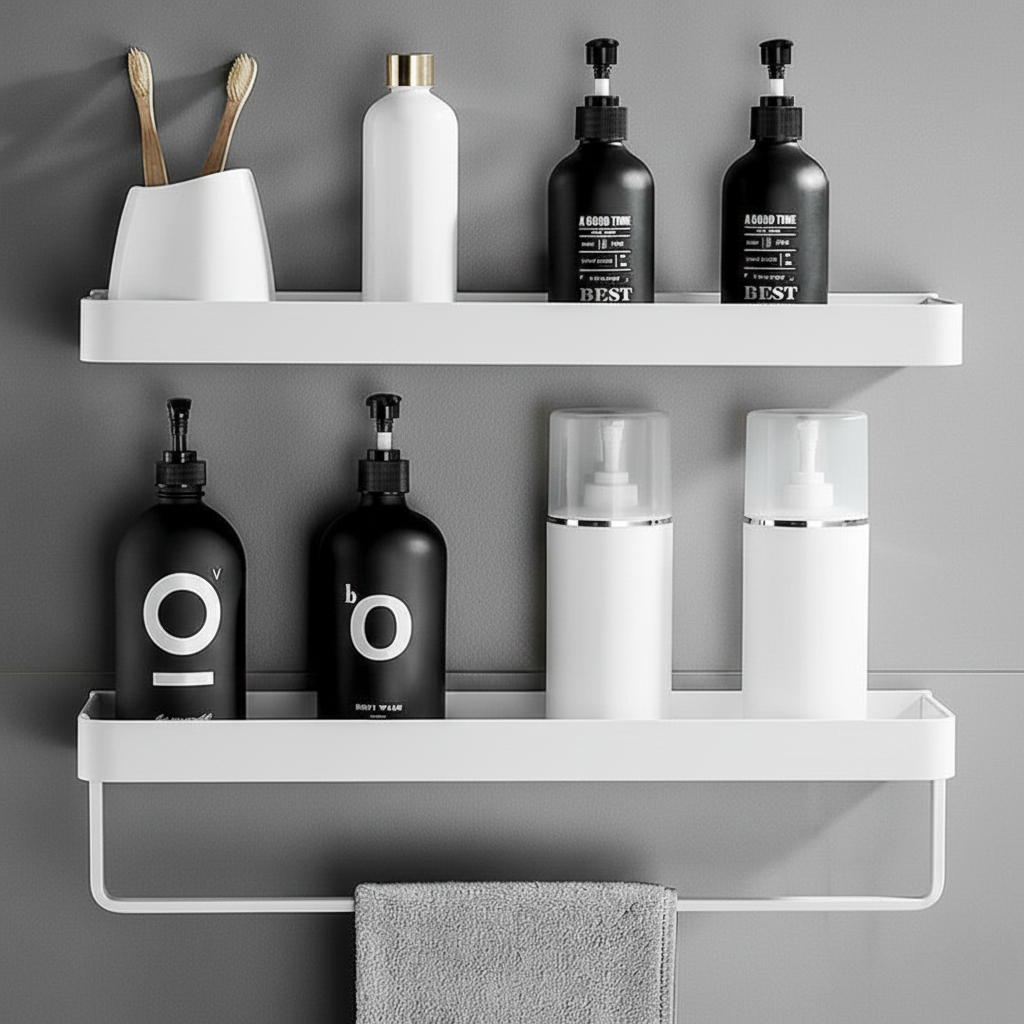 No Drill Bathroom Shelf Adhesive Aluminum Shower Caddy Wall Mounted Storage Rack Rustproof with Optional Towel Hooks