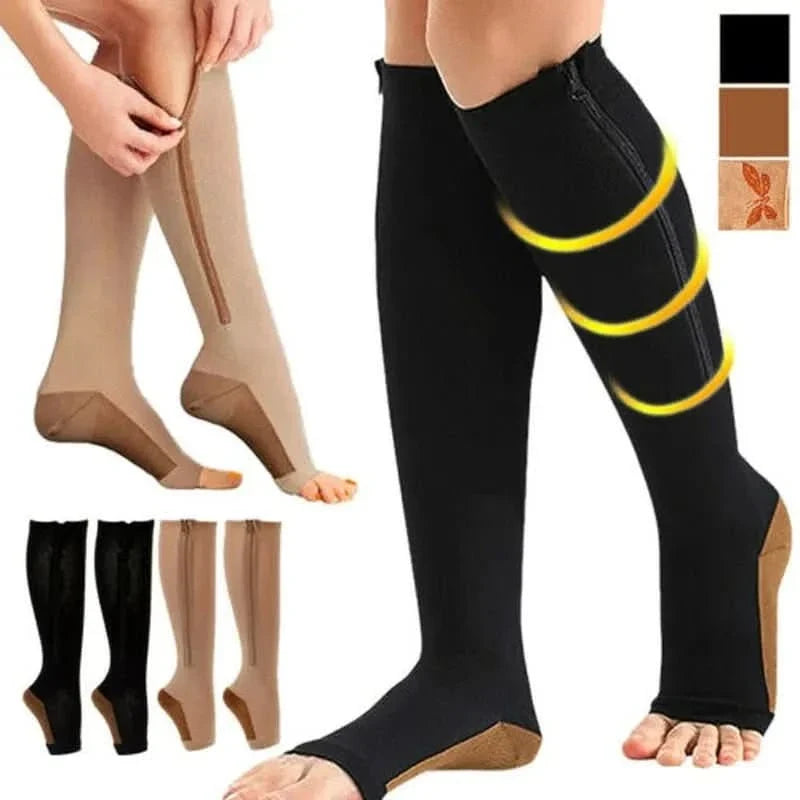 Zipper Compression Socks Open Toe Knee High Graduated Compression Stockings with Zip for Women and Men for Travel Work and Standing