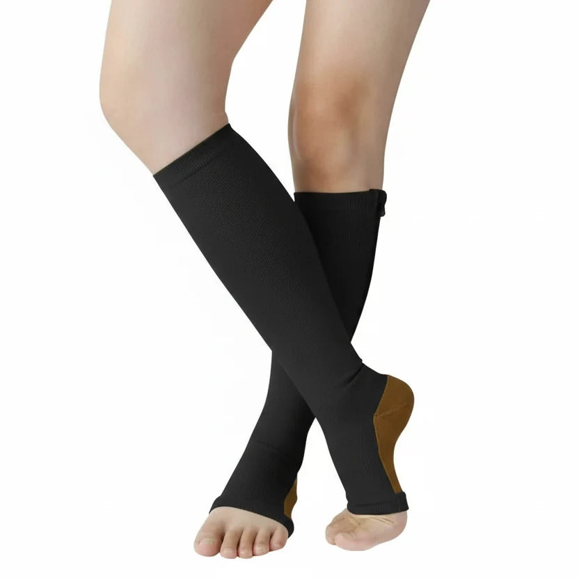 Zipper Compression Socks Open Toe Knee High Graduated Compression Stockings with Zip for Women and Men for Travel Work and Standing