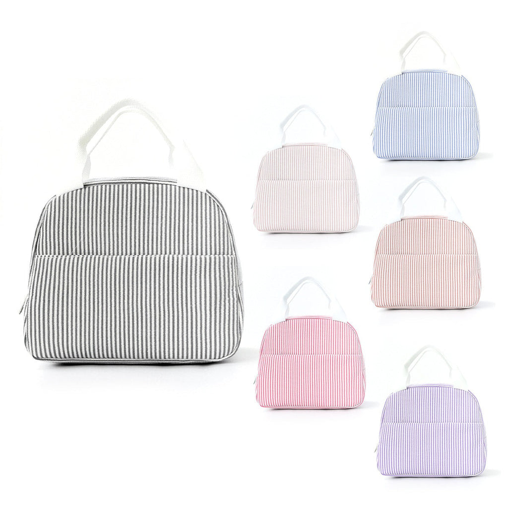 Insulated Seersucker Striped Lunch Bag with Zipper and Carry Handles