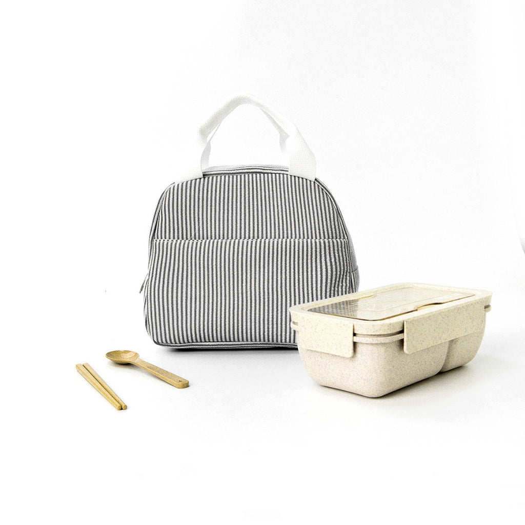 Insulated Seersucker Striped Lunch Bag with Zipper and Carry Handles