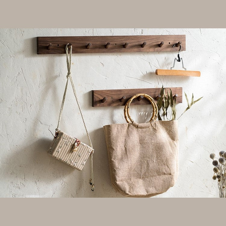 Japandi Solid Wood Wall Coat Rack with Wooden Pegs for Entryway
