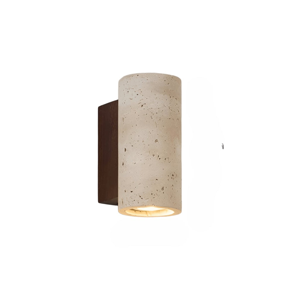 Japandi Travertine Wall Sconce with Up and Down Light and Wood Backplate