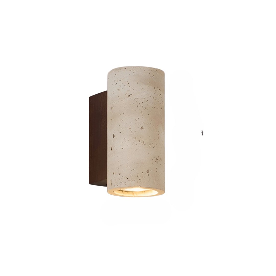 Japandi Travertine Wall Sconce with Up and Down Light and Wood Backplate
