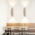 Japandi Travertine Wall Sconce with Up and Down Light and Wood Backplate