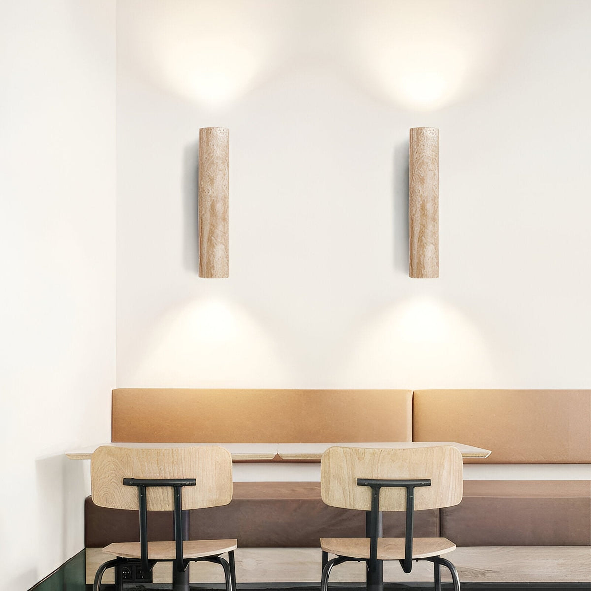 Japandi Travertine Wall Sconce with Up and Down Light and Wood Backplate