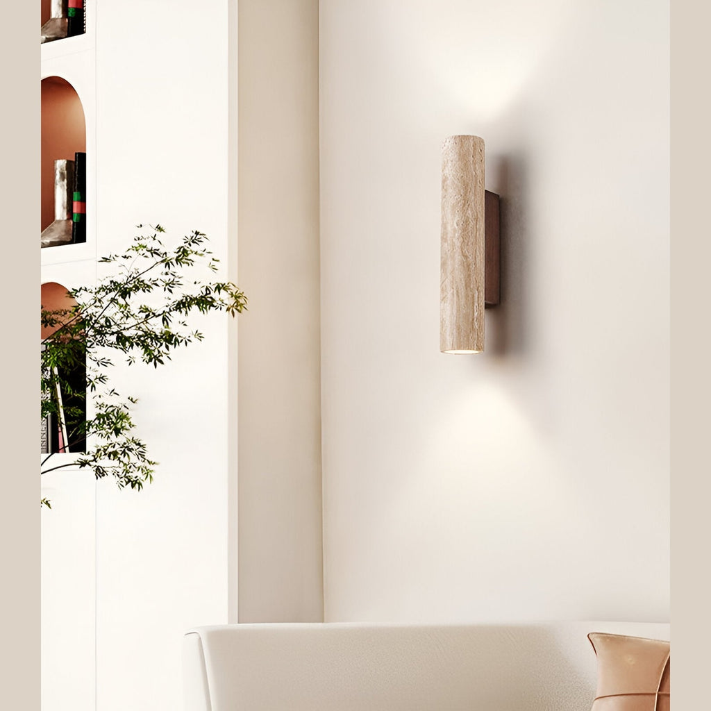 Japandi Travertine Wall Sconce with Up and Down Light and Wood Backplate