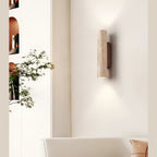 Japandi Travertine Wall Sconce with Up and Down Light and Wood Backplate