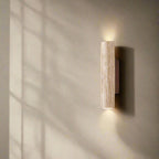 Japandi Travertine Wall Sconce with Up and Down Light and Wood Backplate